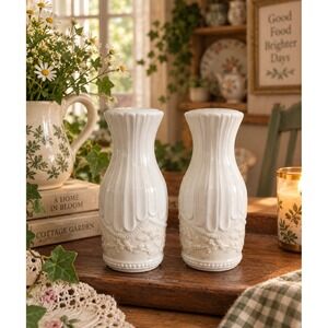 Vtg 90s Lourdes Signature 6" Salt Pepper Shakers White Leaf Vine Set Cottagecore